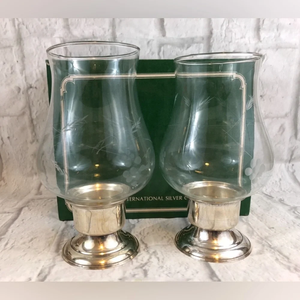 Vtg International Silver Co | Pair of Silverplated Hurricanes  EtchedGlobes